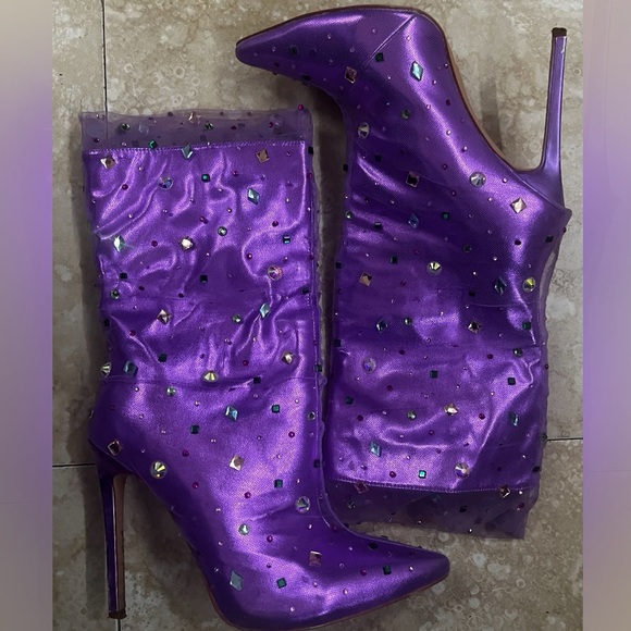 Purple pointy toe stiletto lace rhinestone boots - Picture 2 of 5